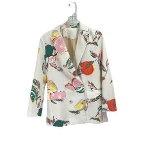 White Novelty Print Blazer Fruit Lemons Long Line Double Breasted Sz Small
